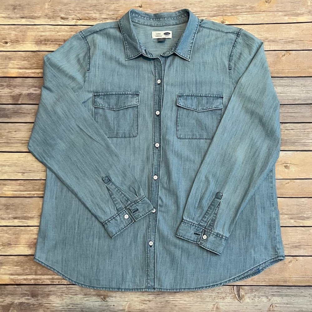 Old Navy Womens Chambray Long Sleeve Button Front Shirt - Blue